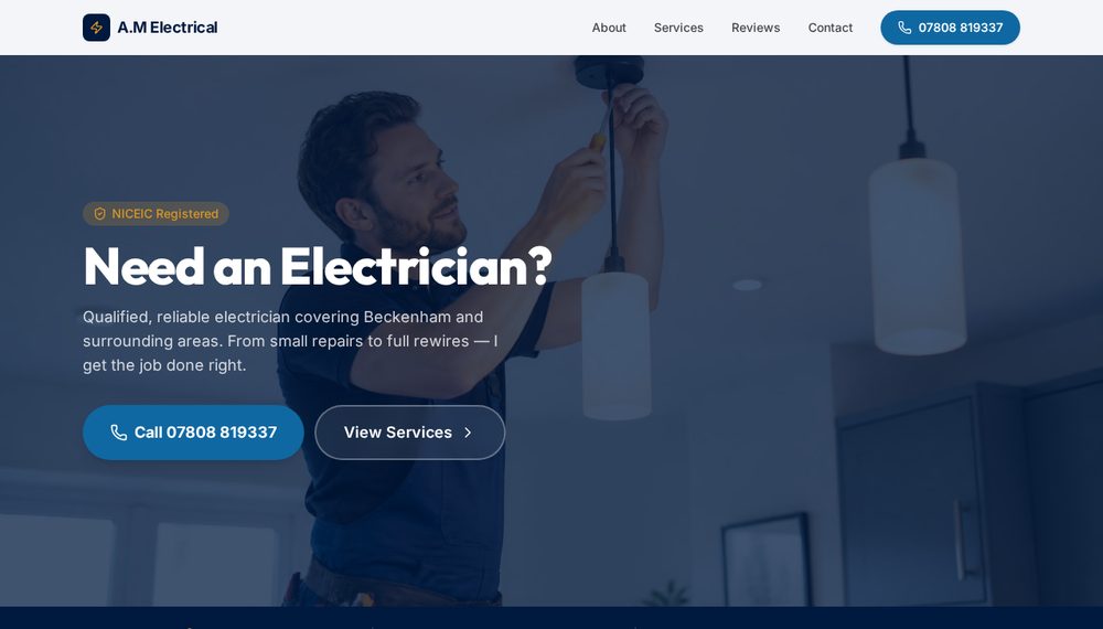 A.M Electrical homepage with 'Need an Electrician?' hero and NICEIC registered badge