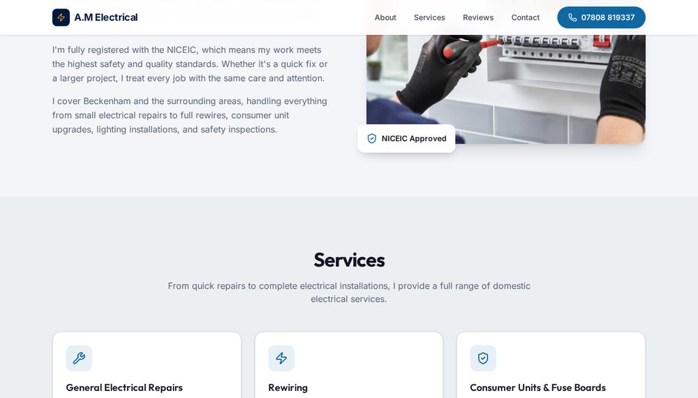 A.M Electrical about section and services grid listing repairs, rewiring and consumer units