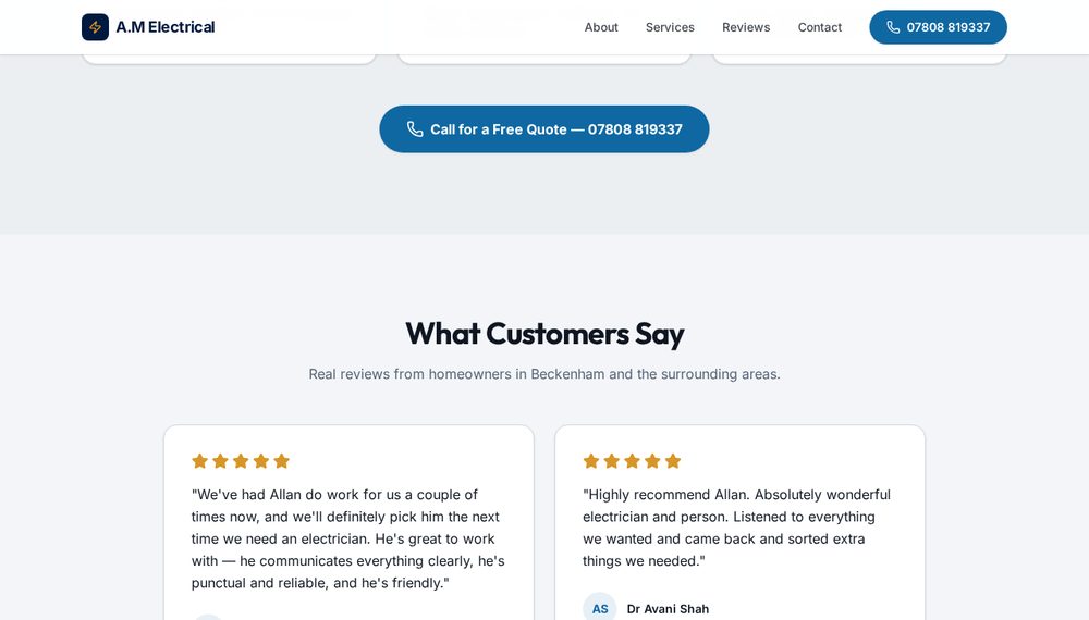 A.M Electrical 'What Customers Say' section with five-star customer reviews