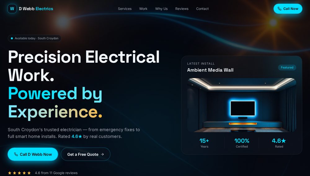 D Webb Electrics homepage with 'Precision Electrical Work' hero and 4.6 star Google rating