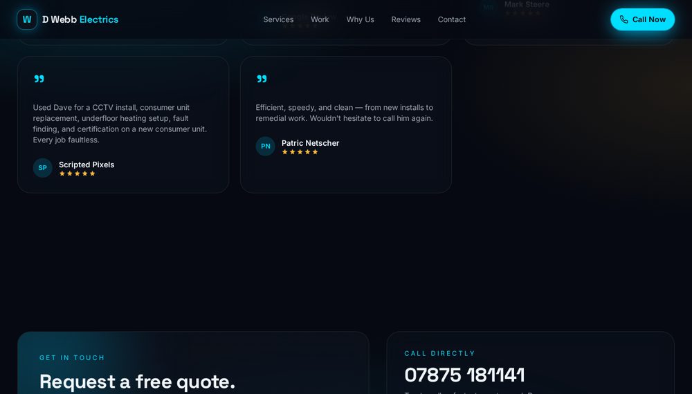 D Webb Electrics customer reviews and request-a-quote contact section