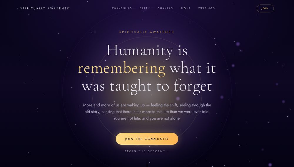 Spiritually Awakened homepage with cosmic hero and 'Join the community' button