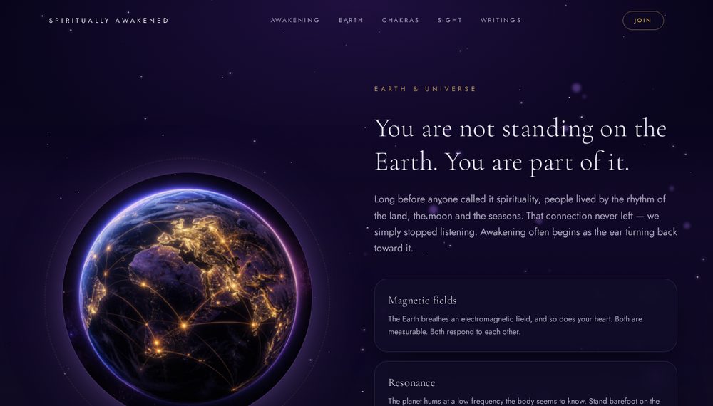 Spiritually Awakened Earth and universe section with a glowing planet illustration