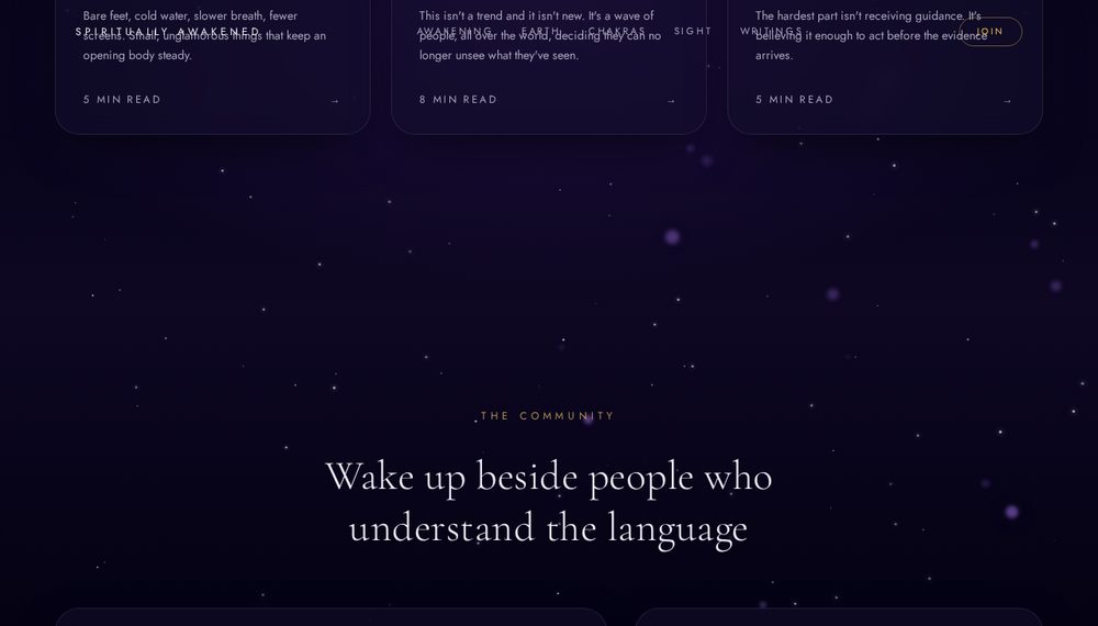 Spiritually Awakened community join page with member accounts and open message board