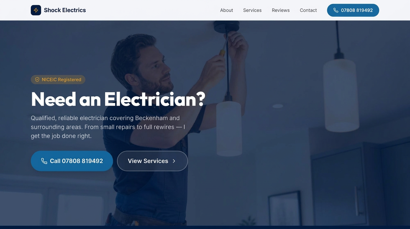 Shock Electrics homepage with 'Need an Electrician?' hero and NICEIC registered badge