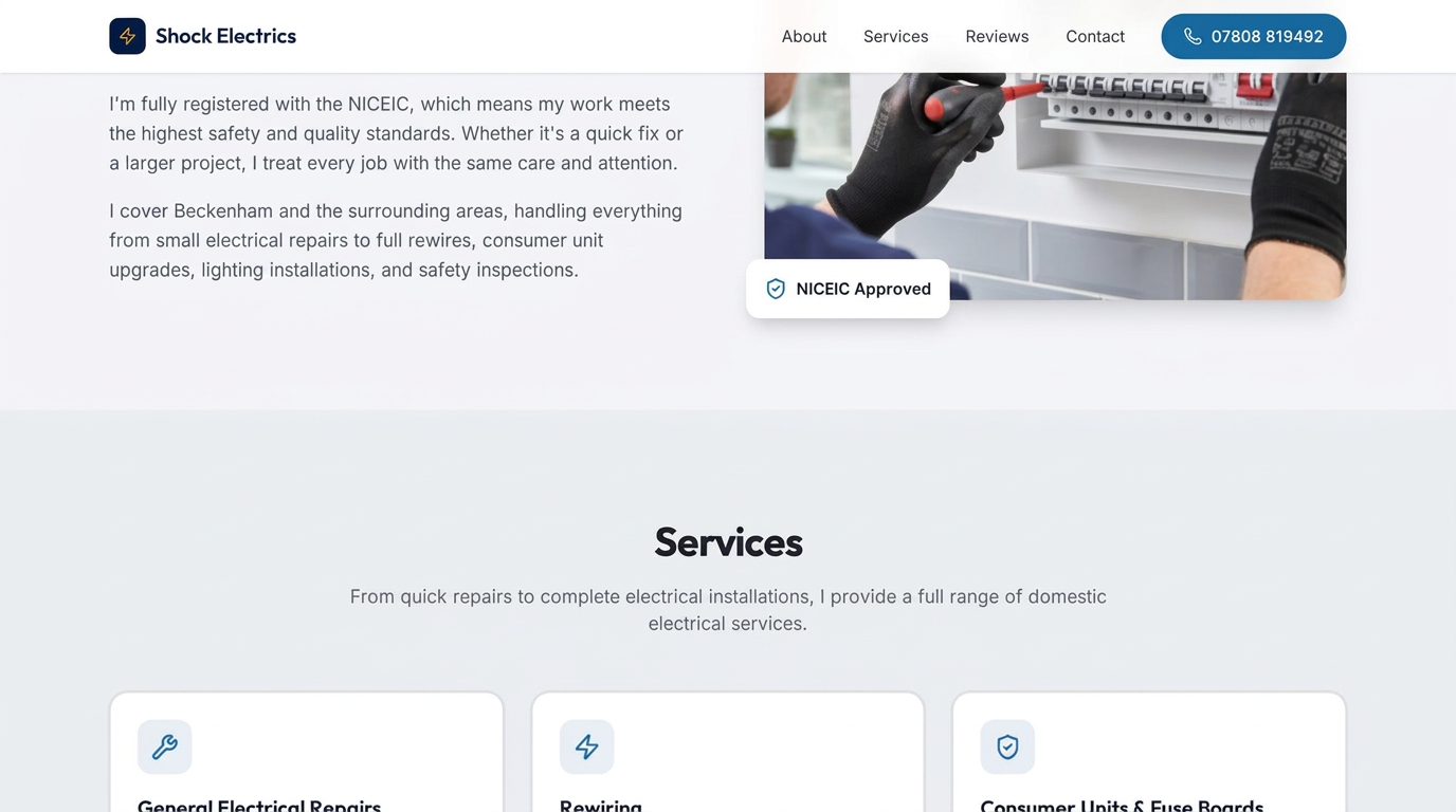 Shock Electrics about section and services grid listing repairs, rewiring and consumer units