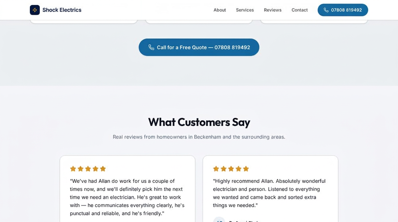 Shock Electrics 'What Customers Say' section with five-star customer reviews