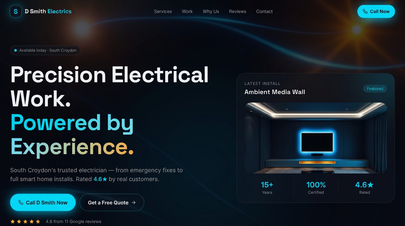 D Smith Electrics homepage with 'Precision Electrical Work' hero and 4.6 star Google rating