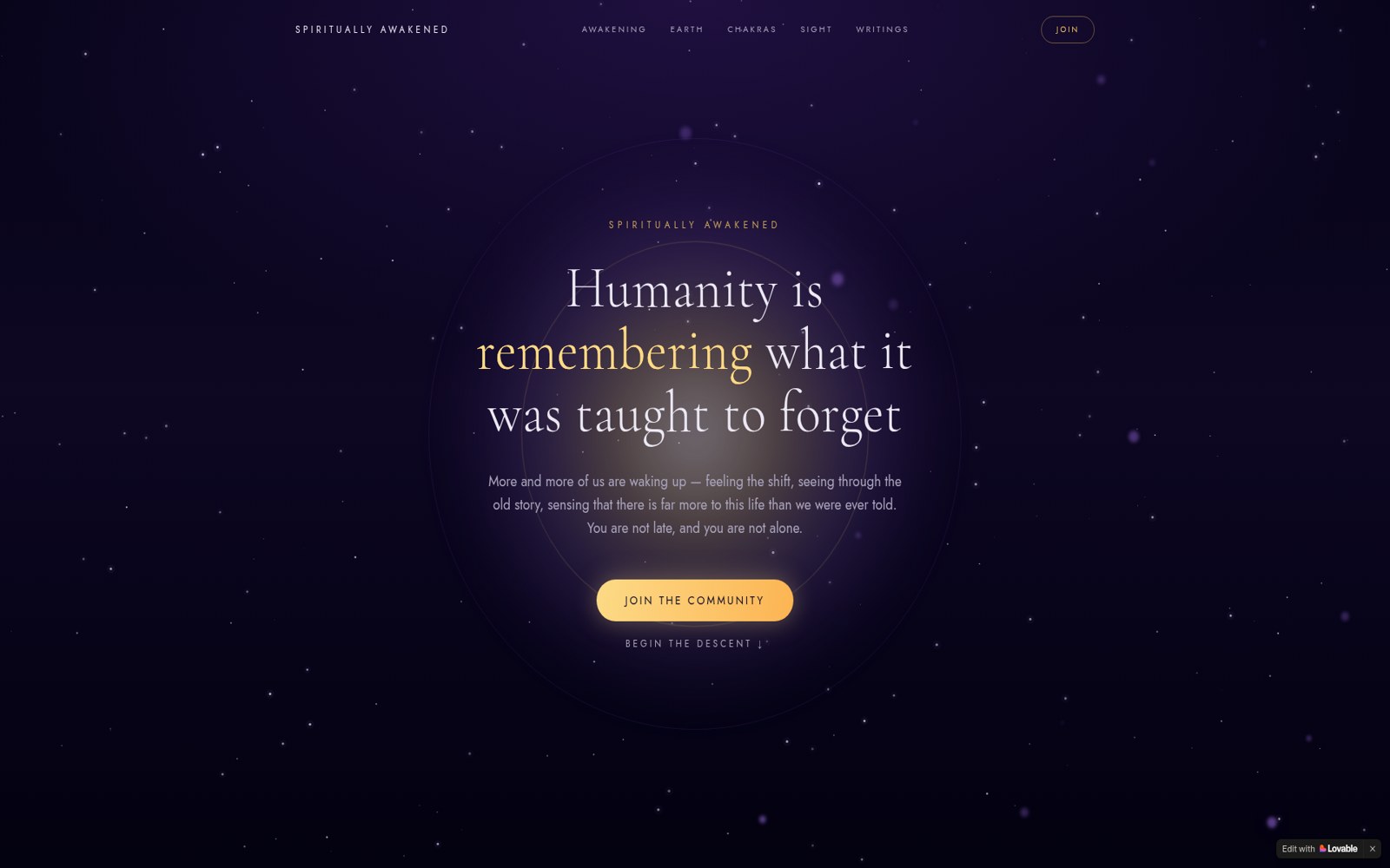 Spiritually Awakened community website homepage showing a cosmic hero with 'Join the community' call to action