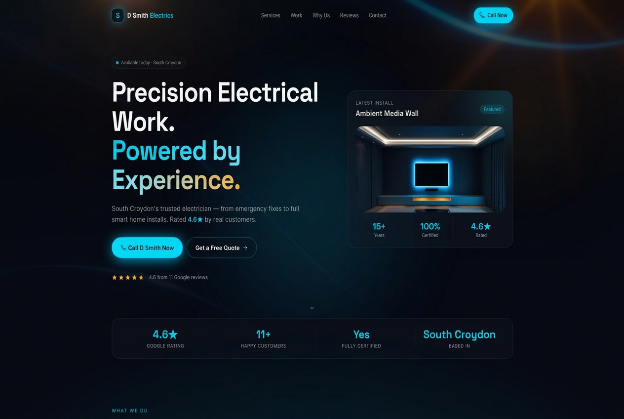 D Smith Electrics website homepage showing the 'Precision Electrical Work' hero and Google review rating